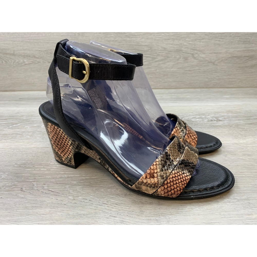 Born Women's Black Snakeskin Print Ankle Strap Block Heel Sandals 9 Shoes